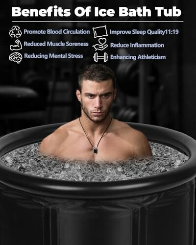 Man in ice bath with benefits listed: blood circulation, sleep quality, muscle soreness, inflammation, stress, athleticism.