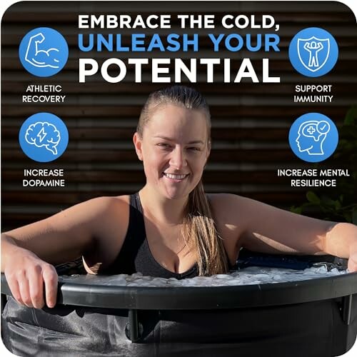 Person in ice bath with benefits of cold exposure: athletic recovery, support immunity, increase dopamine, increase mental resilience.
