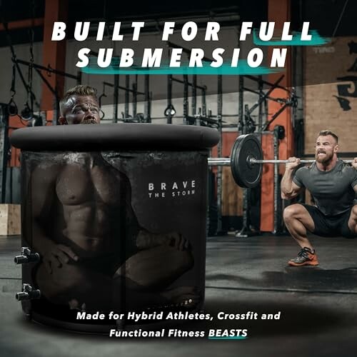 Man in a submersion tank with another man lifting weights nearby in a gym setting.