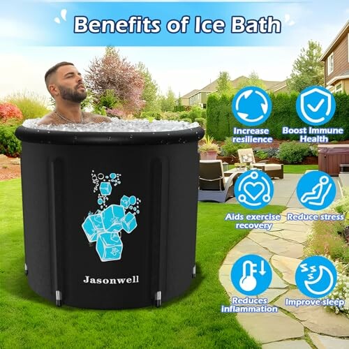 Man in ice bath with benefits listed around.