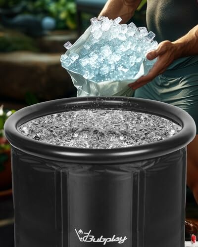 Person pouring ice into a tub filled with ice.