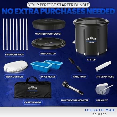 Ice bath starter bundle with accessories including ice tub, weatherproof cover, and hand pump.