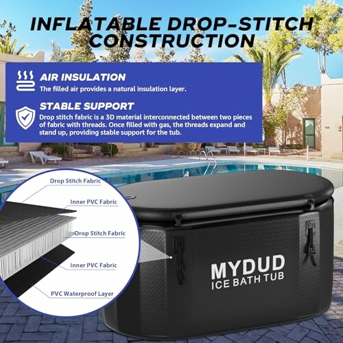 Inflatable drop-stitch ice bath tub with air insulation and stable support features.