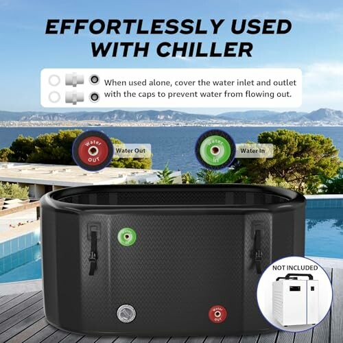 Inflatable pool with chiller setup instructions by poolside.