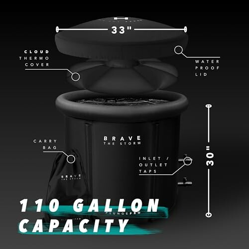 Inflatable tub with 110-gallon capacity, featuring cloud thermo cover, waterproof lid, carry bag, and inlet/outlet taps.