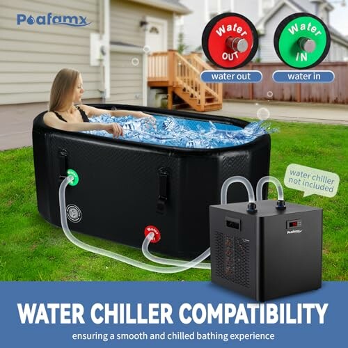 Woman in inflatable tub with water chiller compatibility.