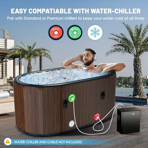Man relaxing in an inflatable hot tub with water chiller.
