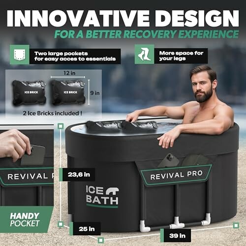 Man in an innovative ice bath with features highlighted, including large pockets and space for legs.