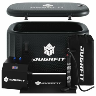 Portable ice bath kit with tub, pump, and accessories.