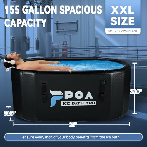 Person relaxing in a spacious ice bath tub with dimensions and capacity highlighted.