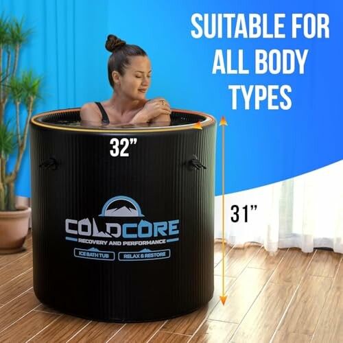 Woman in portable ice bath tub with measurements.