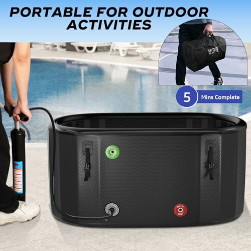 Person inflating a black portable tub near a pool with a carrying bag inset.