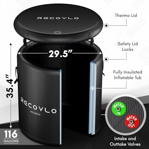 Diagram of Recovlo ice bath with features like thermo lid, safety lid locks, fully insulated inflatable tub, and intake and outtake valves.